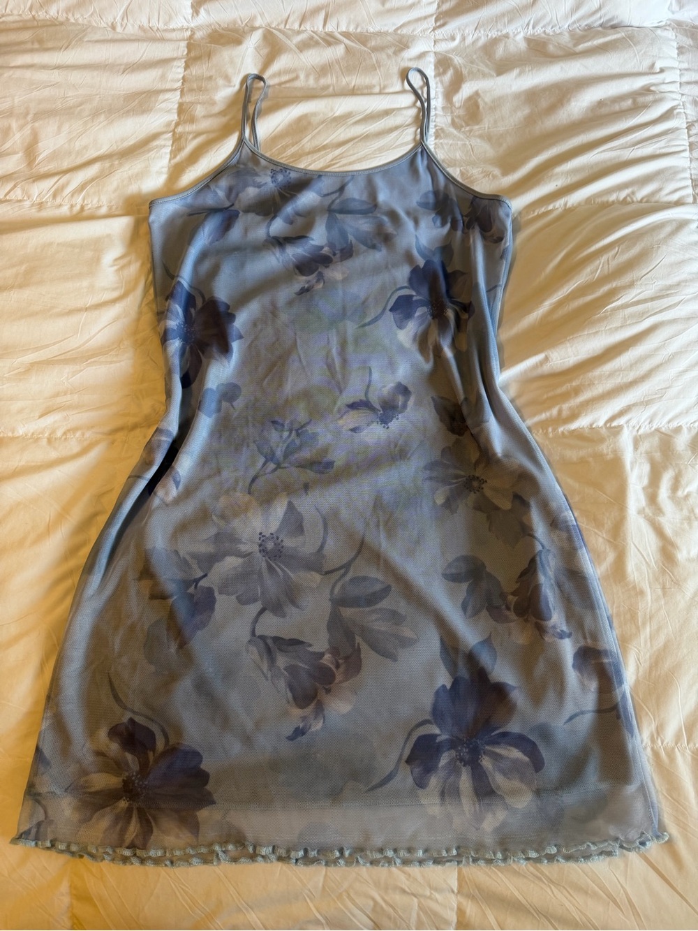 90s M Collection Lettuce-hem Mesh Floral Summer Dress - baby blue